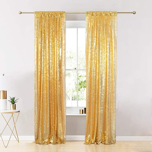 ShinyBeauty Gold and Black Backdrop 2FTx8FT Sequin-Backdrop 4Pieces Photograph Backdrops Sparkle Curtain Panels Black Sequin Curtains Glitter Background for Wedding/Graduation Halloween Decor
