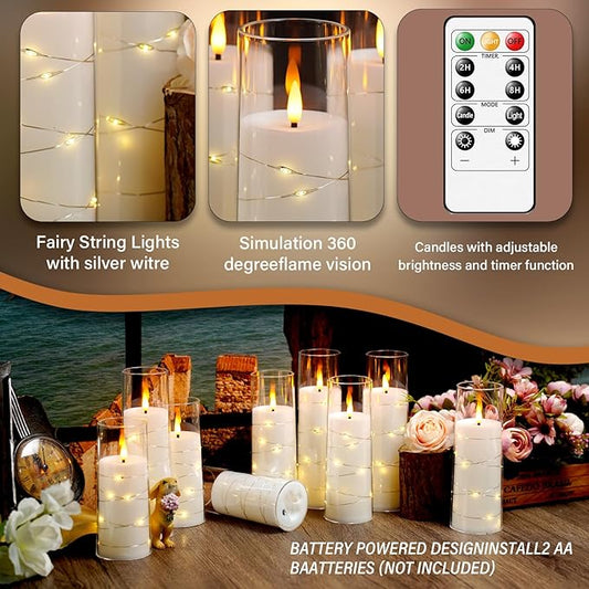 Flameless LED Candles with Timer 9 Pc Flickering Flameless Candles for Romantic Ambiance and Home Decoration Stable Acrylic Shell,with Embedded Star String,Battery Operated Candles(White)