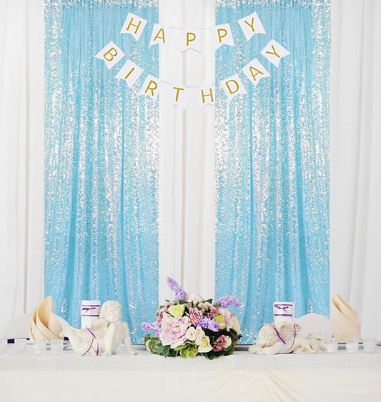 ShinyBeauty Aqua Backdrop Curtains Sequin Curtains 2 Panels 2FTx8FT Sequin Photo Backdrops Glitter Fabric Backdrop Aqua Blue Backdrops Wedding Birthday Parties Backgrounds(Iridescent Aqua)