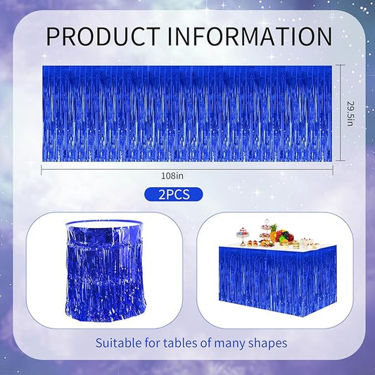 BEISHIDA 2 Pack Dark Blue Table Skirts with Metallic Tinsel Foil Fringe for Rectangle and Round Tables - Birthday & Holiday Party Decorations