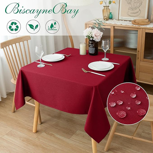 Biscaynebay Textured Fabric Christmas Square Table Cloth 70x70 Inch, Red Water Resistant Spill Proof Tablecloths for Dining, Kitchen, Wedding and Parties, Machine Washable