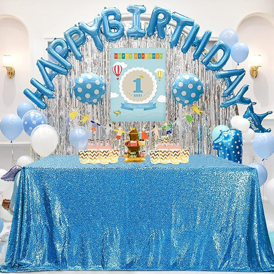 QueenDream Aqua Blue Tablecloth 90 x 132 Inch Sequin Tablecloth for Party Decorations Glitter Tablecloth for Bridal Baby Shower Wedding
