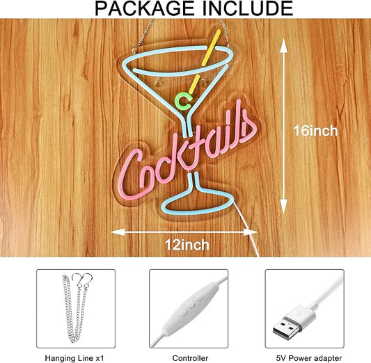 Cocktails Neon Sign for Wall Decor Man Cave Bar Home Art Neon Light LED Neon Lights Signs with Dimmer for Bedroom Office Hotel Pub Cafe Recreation Room Wall Artwork Sign Decor(15X13inches)