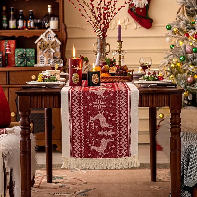 Table Runners 138 Inches,Elk Table Runner with Tassel Fringe,Christmas Table Runner for Party,Coffee Table, Festival