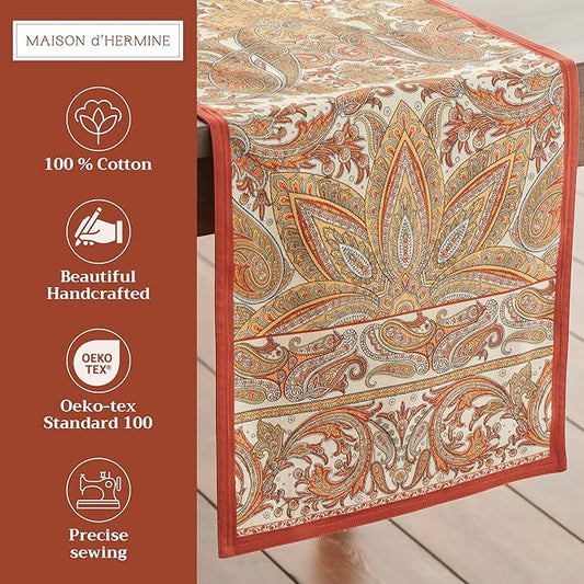 Maison d' Hermine Table Runner 100% Cotton Double Layer Table Runners 108 inches Long for Thanksgiving Christmas Decorations Home Kitchen Dining Party Wedding (Kashmir Paisley, 14.5" x 108")
