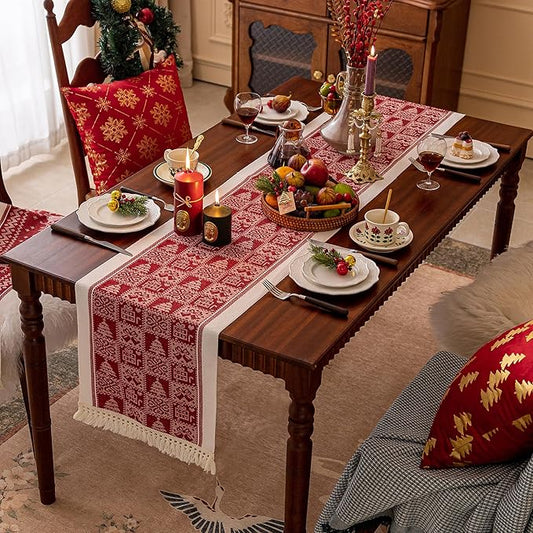 Table Runners 95 Inches,Christmas Tree Table Runner with Tassel Fringe,Gift Table Runner for Party,Coffee Table, Festival
