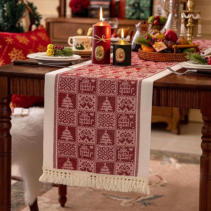 Table Runners 119 Inches,Christmas Tree Table Runner with Tassel Fringe,Gift Table Runner for Party,Coffee Table, Festival