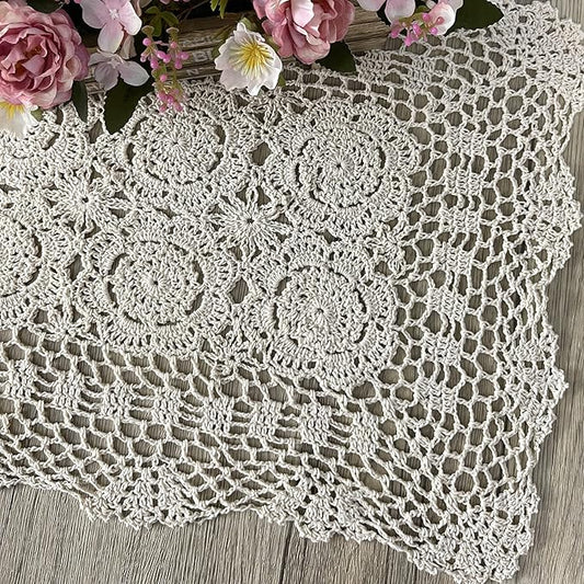 Phantomon Lace Table Runner Rectangular Table Cover Cloth Handmade Crochet Floral Placemats 100% Cotton (Floral Beige, 15x28Inch)