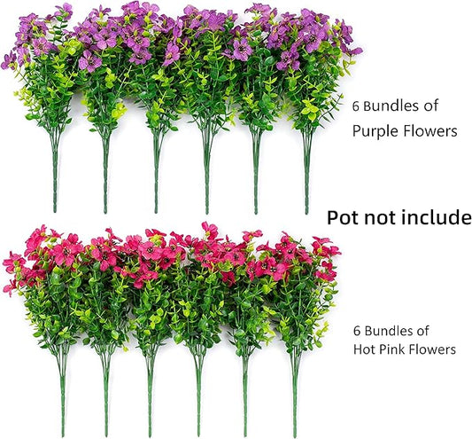HyeFlora Artificial Flowers for Outdoor Indoor Garden Home Decoration, Faux Flower Daisy with Eucalyptus Leaves Fake Plants Greenery Boxwood Porch Patio, 12 Bundles (Purple Pink)