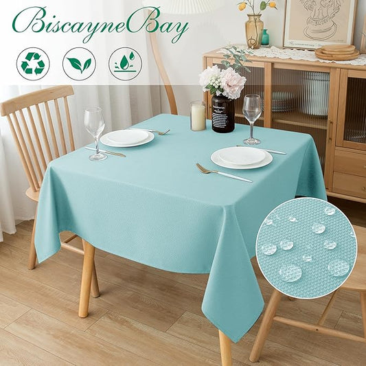Biscaynebay Square Tablecloth 60x60 Inch-Auqa Blue Card Fabric Table Cover-Small Folding Table Cloths Linen Water Resistant for Kitchen Dining Picnic Patio Outdoor Party Restaurant Tables