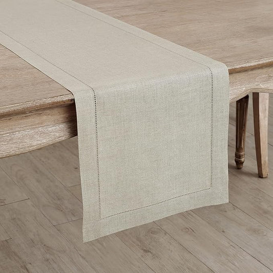 Solino Home Linen Natural Table Runner 132 Inches Long - 100% Pure Linen Extra Long Table Runner 14 x 132 Inch for Fall, Autumn, Thanksgiving, Christmas - Classic Hemstitch