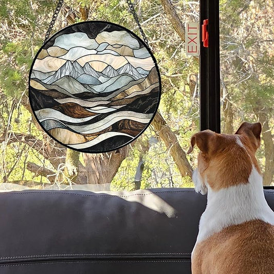Stained Glass Window Hanging - Grey Mountains Landscape Suncatcher for Doors Garden Patio Retro Sun Catchers Decor Christmas Mother's Day Birthday Gifts for Women Men Mom Nana Friend 9.8 in