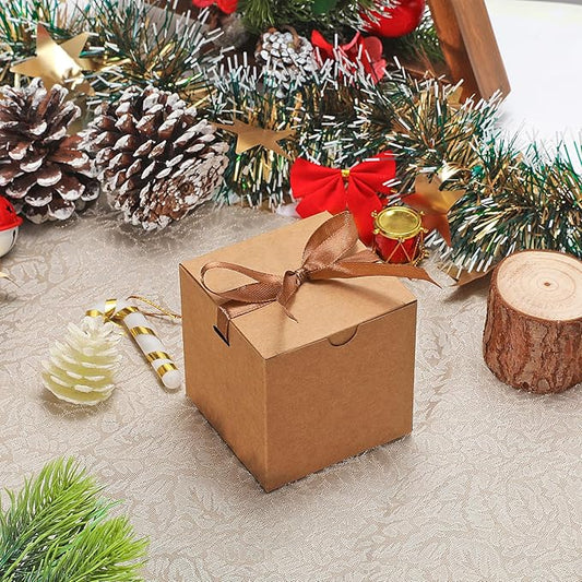 DOYIDE Small Gift Boxes, 60 Pcs 4x4x4 Inch Brown Elegant Paper Box with Ribbons, Party Favor Boxes for Candy Cupcake Christmas Wedding Baby Shower Bridesmaids Birthday