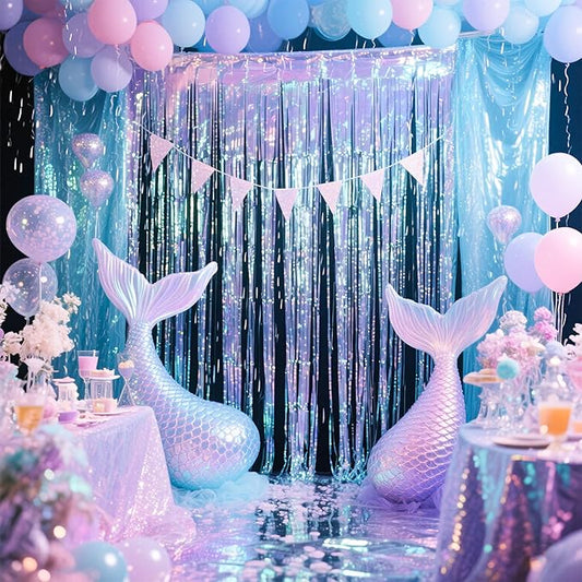 BTSD-home 4 Pack Iridescent Party Streamers Tinsel Foil Fringe Curtain Holographic Backdrop Metallic Shiny Photo Booth for Wedding Birthday Baby Shower Bachelorette Theme Party Decorations