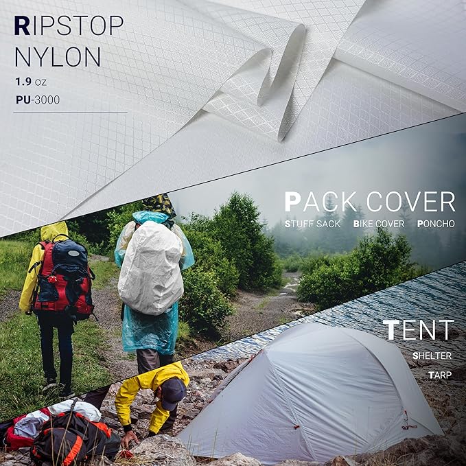 emma kites White Ripstop Nylon PU3000 Waterproof 1.9 oz 70D Diamond Grid Tear Resistant for Tent Rainfly Rain Kilt Poncho Dry Bag Backpack Bike Cover (Selvedge Removed) Pre-Cut 1 Yard
