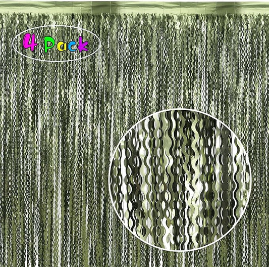 4 Pack Wavy Olive Green Streamers Backdrop Jungle Party Decorations - 3.3x6.6ft Foil Fringe Curtains Photo Booth for Dinosaur Animal St Patrick's Day Football Decor