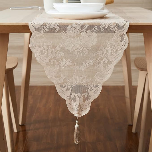 LinenZone Linen Table Runner with 2 Tassels for Rustic Vintage Decor. Lace Table Runner Works Great As Wedding, Thanksgiving or Christmas Decor. (Mia 14 x 96, Linen)