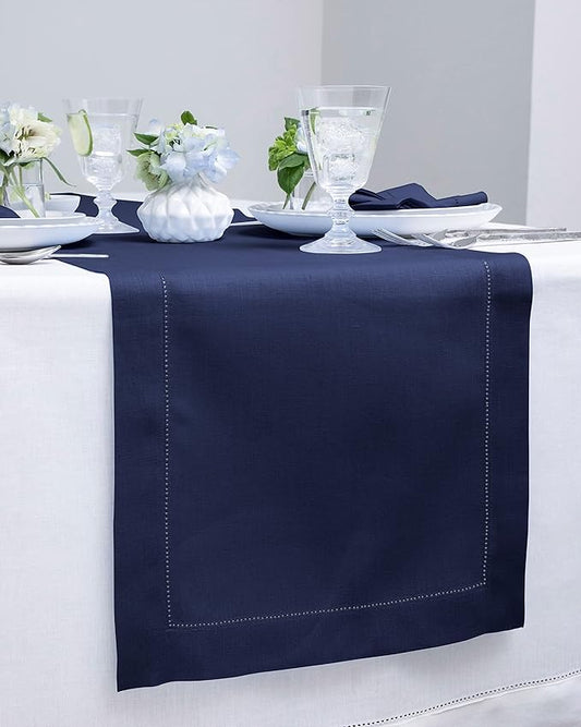 Solino Home Linen Navy Blue Table Runner 72 Inches Long - 100% Pure Linen Hemstitch Table Runner 14 x 72 Inch for Dresser, Dining, Fall, Autumn, Halloween, Thanksgiving, Christmas - Classic Hemstitch