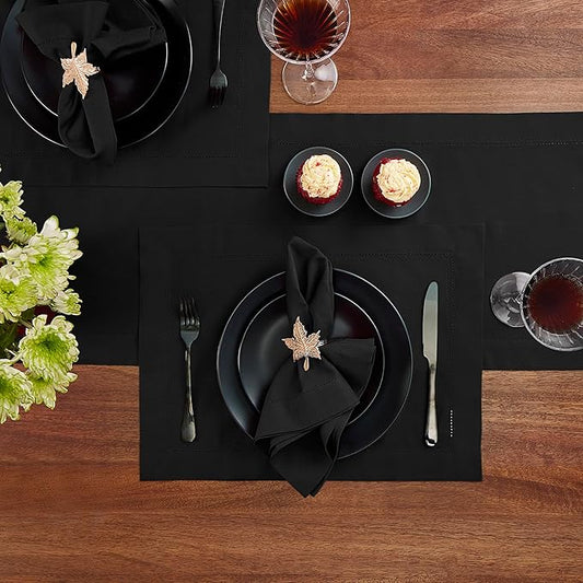 Cotton Linen Dinner Napkins Set of 4 – Hemstitch Black Cloth Dinner Napkins 20x20 Inch –Washable Fabric for Dining, Fall, Halloween, Thanksgiving, Summer, Wedding, Everyday Décor–Serena