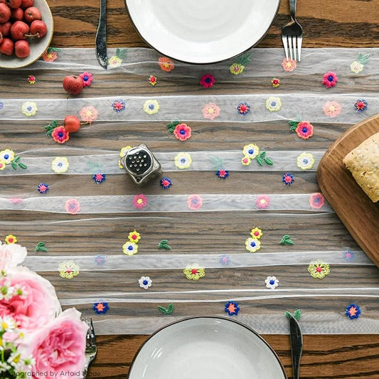 Artoid Mode 3PCS Embroidery Daisy Gauze Table Runner 120 Inch 10FT, Seasonal Sheer Kitchen Dining Holiday Wedding Birthday Table Decor for Home Party