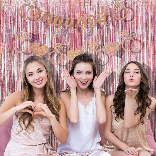 BRAVESHINE Rose-Gold Tinsel Foil Fringe Curtains - 2Pcs 3.2x8.2ft Metallic Holiday Photo Booth Backdrop Party Supplies for Birthdays Valentines Day Bridal Shower Bachelorette Engagement Party
