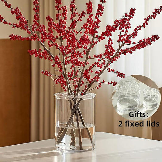 2 Acrylic Cylinder Clear Vase for Centerpieces, Tall Large Unbreakable Plastic Flower Vases for Home Decor (D 4.8" X H 7.8" - H 12" + 2 Holder)