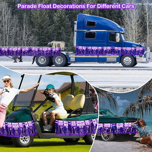 4 Pack Iridescent Fringe Float Curtain, Metallic Foil Fringe Garland Wall Hanging Drapes Tassel Foil Float for Parade Float Trailer, Birthday Holiday Outdoor/Indoor Party Decoration (Purple)