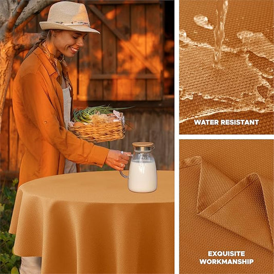 Biscaynebay Fall Tablecloth Textured Fabric Round Table Cloth 60" for Tables diameters from 28" to 48", Bronze Thanksgiving Autumn Harvest Water Resistant Fabric Table Cover for Kitchen, Dining, Party