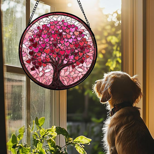 Stained Glass Window Hanging - DASTOLL, Birthday Gifts for Women Men Mom Dad, Pink Love Tree Suncatcher for Doors Window Home Sun Catchers Decor 7.8 in