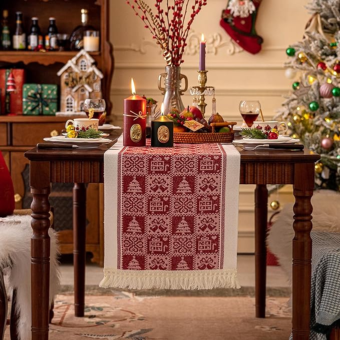 Table Runners 63 Inches,Christmas Tree Table Runner with Tassel Fringe,Gift Table Runner for Party,Coffee Table, Festival