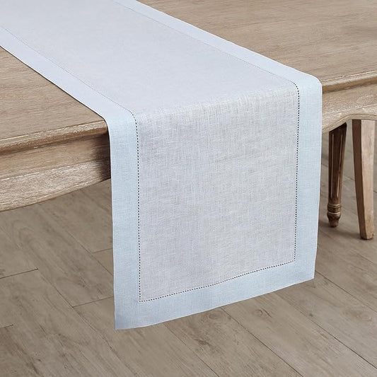 Solino Home Linen Light Blue Table Runner 36 Inches - Classic Hemstitch, 100% Pure Linen Coffee Table Runner 14 x 36 Inch Ideal for Dresser Tables