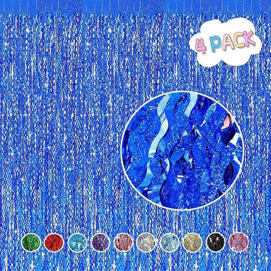 4 Pack Navy Blue Wavy Foil Fringe Curtains Party Decorations - 3.3 ft x 6.6 ft Streamer Tinsel Curtain Party Photo Backdrops for Birthday Party