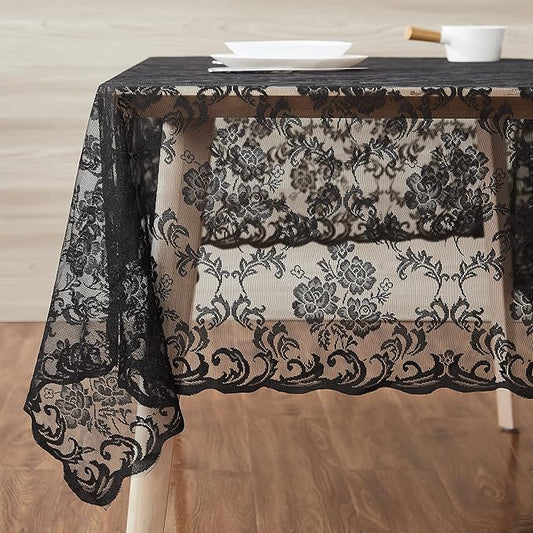 LinenZone Black Rectangle Tablecloth for Rustic Vintage Decor. Sheer Lace Tablecloth Works Great As Wedding Tablecloth, Thanksgiving Tablecloth or Baby Shower Tablecloth (Mia TC 54 x 72, Black)