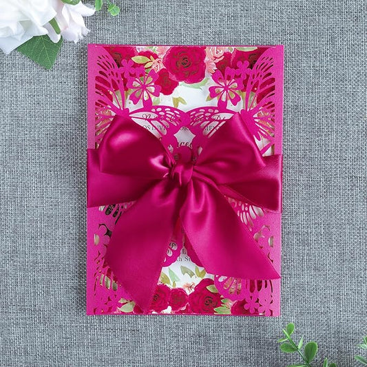20 PCS 5.12x7.2 Butterfly Quinceanera Invitation, Laser Cut Wedding Invitation Cards with Envelopes for XV Anos Bridal Shower Baby Shower Invite (Fuchsia)