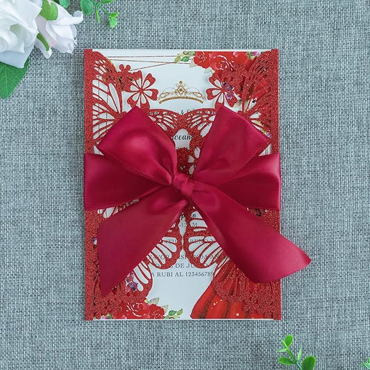 20 PCS 5.12x7.2 Butterfly Quinceanera Invitation, Laser Cut Wedding Invitation Cards with Envelopes for XV Anos Bridal Shower Baby Shower Invite (Red Glitter)