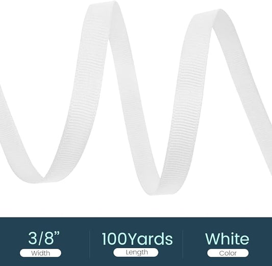 3/8" X 100 Yards White Grosgrain Ribbon, Premium Grosgrain Ribbon for Sewing, Gift Wrapping, Bow Making, Wedding Decor, Wrapping and More (White)