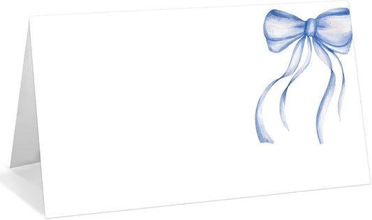 25 Pack Blue Bow Place Cards, Editable Name Cards for Table Setting, Watercolor Tent Cards Food Label for Dinner Party, Bridal Shower, Wedding, Baby Shower and Events -T32