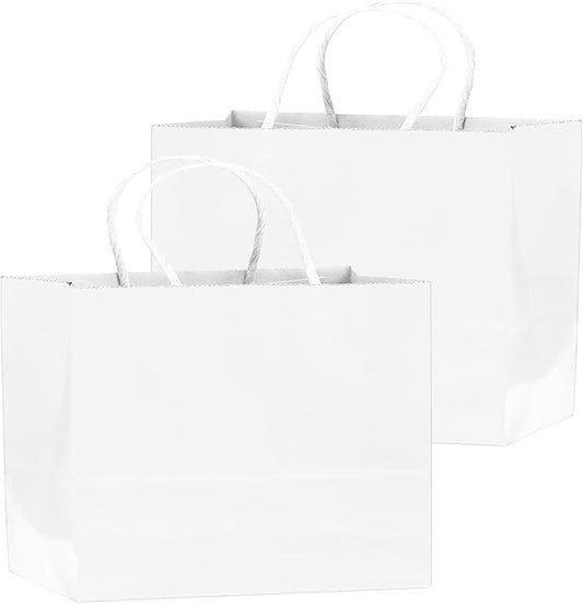 qiqee 50-Packs White Paper Gift Bags with Handles Bulk 12.6"x4.3"x10" Wide Large Size Party Favor Bags Multiple Uses