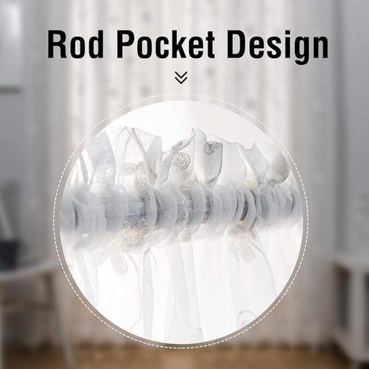 Floral Embroidery Sheer Curtains White 63 Inch Length, Rod Pocket Voile Drapes for Living room, Bedroom, Window Treatments Semi Crinkle Curtain Panels for Yard, Patio, Villa, Set of 2, 52"x 63".