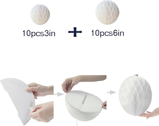 20pcs Honeycomb Flower Balls - Party Decoration Paper Flower Balls Tissue Paper Pom Poms for Birthday Wedding Home Decor (3inch+6inch, White)