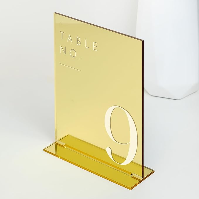 JINMURY Gold Wedding Table Numbers 1-10 with Stands, 5"x7" Gold Mirror Acrylic Table Numbers, Perfect for Wedding Reception, Party, Anniversary, Event