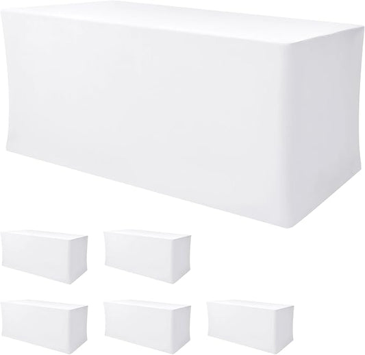 Nasitos White Fitted Table Covers for 6 Foot Tables - 72 x 30 Inch - 6 Pack Stretch Spandex Rectangle Table Clothes, Polyester Fabric Tablecloths for Parties, Trade Show, Craft Show, Birthday
