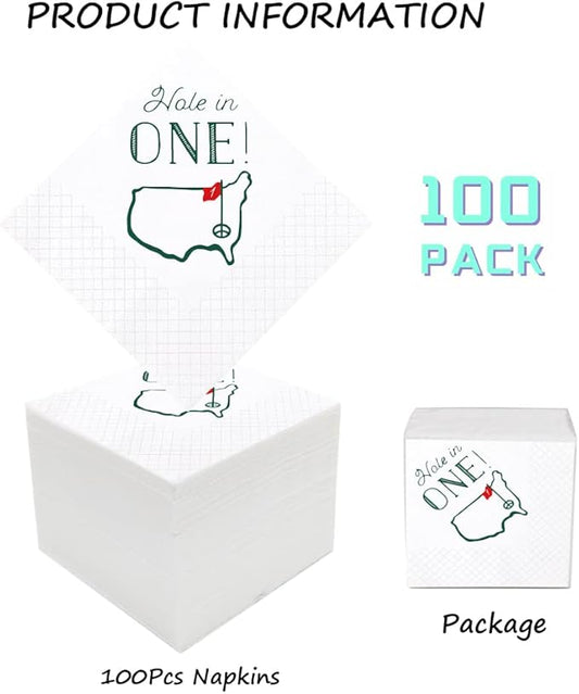 Golf Cocktail Napkins, 100 Pack Hole in One First Birthday Golf Themed Paper Disposable Cocktail Beverage Napkins for Baby 1st Hole In One Birthday Decorations 2-Ply, 5x5 Inches (Hole in One)