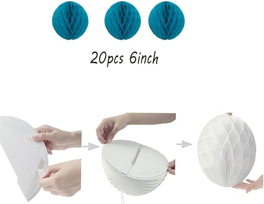 20pcs Honeycomb Flower Balls - Teal Tissue Paper Pom Poms for Birthday, Wedding & Home Decor (6inch)