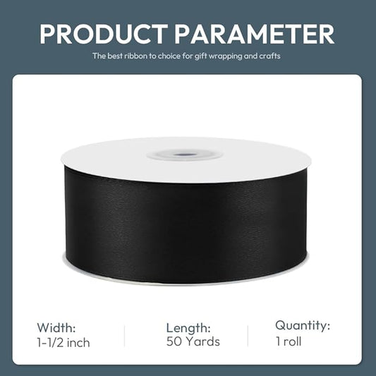 KMER LIFE 1-1/2" Wide x 50 Yards Black Single Faced Polyester Satin Ribbon, Black Satin Ribbon Perfect for Wedding Decor, Wreath, Crafts, Gift Wrapping & Other Projects (Black)