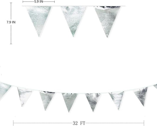 Silver Party Decorations Metallic Fabric Triangle Pennant Banner Silver Flag Bunting Garland for Graduation Birthday Wedding Bridal Shower Anniversary Engagement Bachelorette Party Decoration Supplies