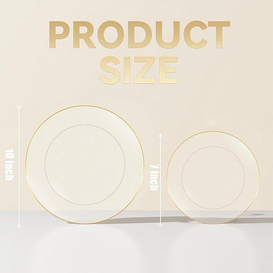 bUCLA 100PCS Clear and Gold Plastic Plates - Clear Disposable With Gold Rim Include 50 Each (10 inch Dinner & 7 inch Dessert) Plates, Ideal for Party & Thanksgiving