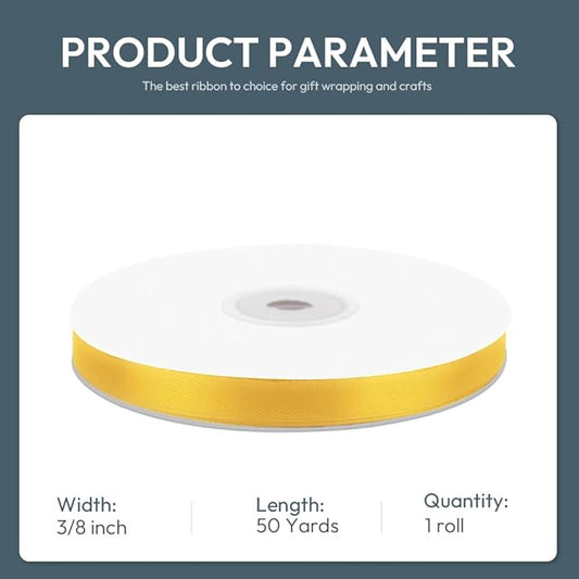 KMER LIFE 3/8" Wide x 50 Yards Yellow Single Faced Polyester Satin Ribbon, Yellow Satin Ribbon Perfect for Wedding Decor, Wreath, Crafts, Gift Wrapping & Other Projects (Yellow)