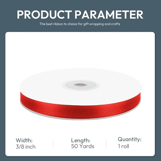 KMER LIFE 3/8" Wide x 50 Yards Red Single Faced Polyester Satin Ribbon - Perfect for Wedding Decor, Wreaths, Crafts, Gift Wrapping & Other Projects