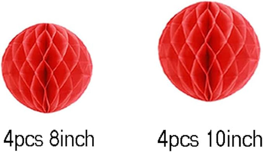 8pc Honeycomb Balls Party Decorations 8'' 10'' Tissue Paper Pom Poms Flower Balls Hanging Paper Honeycomb Balls for Party Baby Shower Birthday Wedding Nursery Wall Decor(8'' 10'' Red)